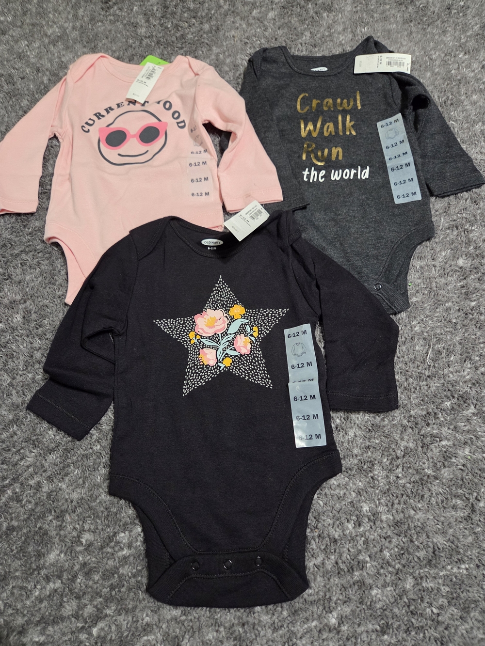 Old Navy Long-Sleeve Baby Bodysuits - Pink, Charcoal, Black (3-Pack)